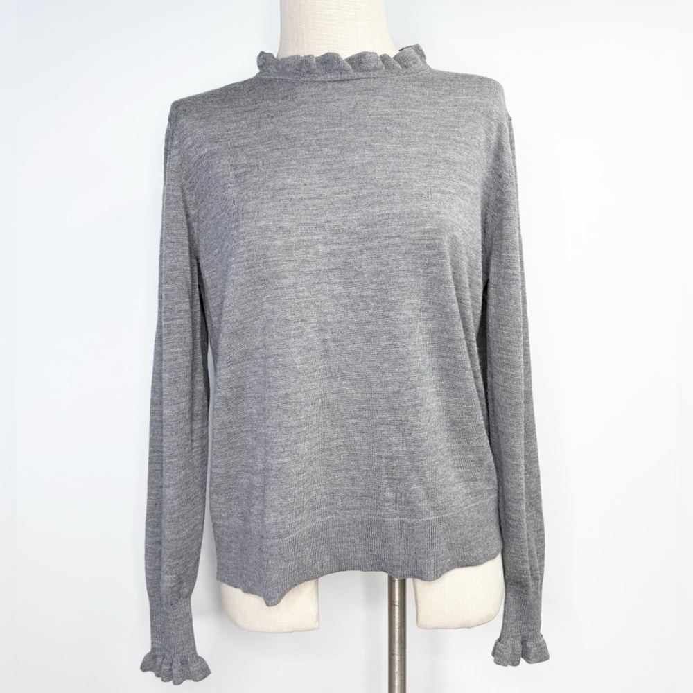 L.K. Bennett Grey Melange Ruffle Trim Crewneck‎ Sweater TK Jaza 100% Wool Large